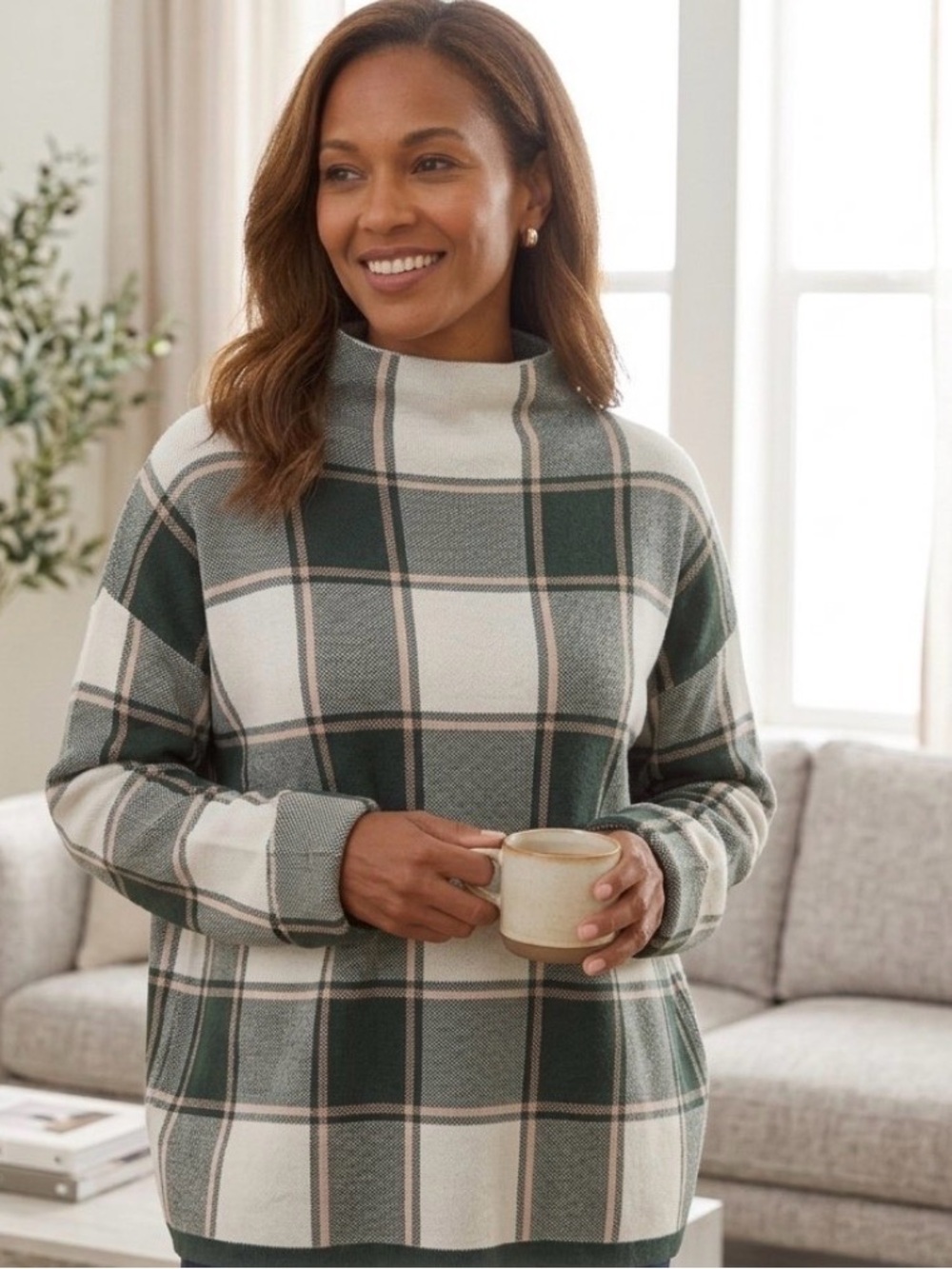 Tahari forest green & cream windowpane plaid mock-neck sweater Pullover holiday
